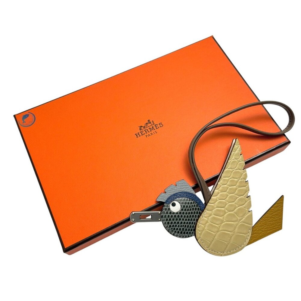 HERMES Exotic Birdy Bag Charm "Gris Fonce" Shiny Lizard & "Vanille" Matte Alliga